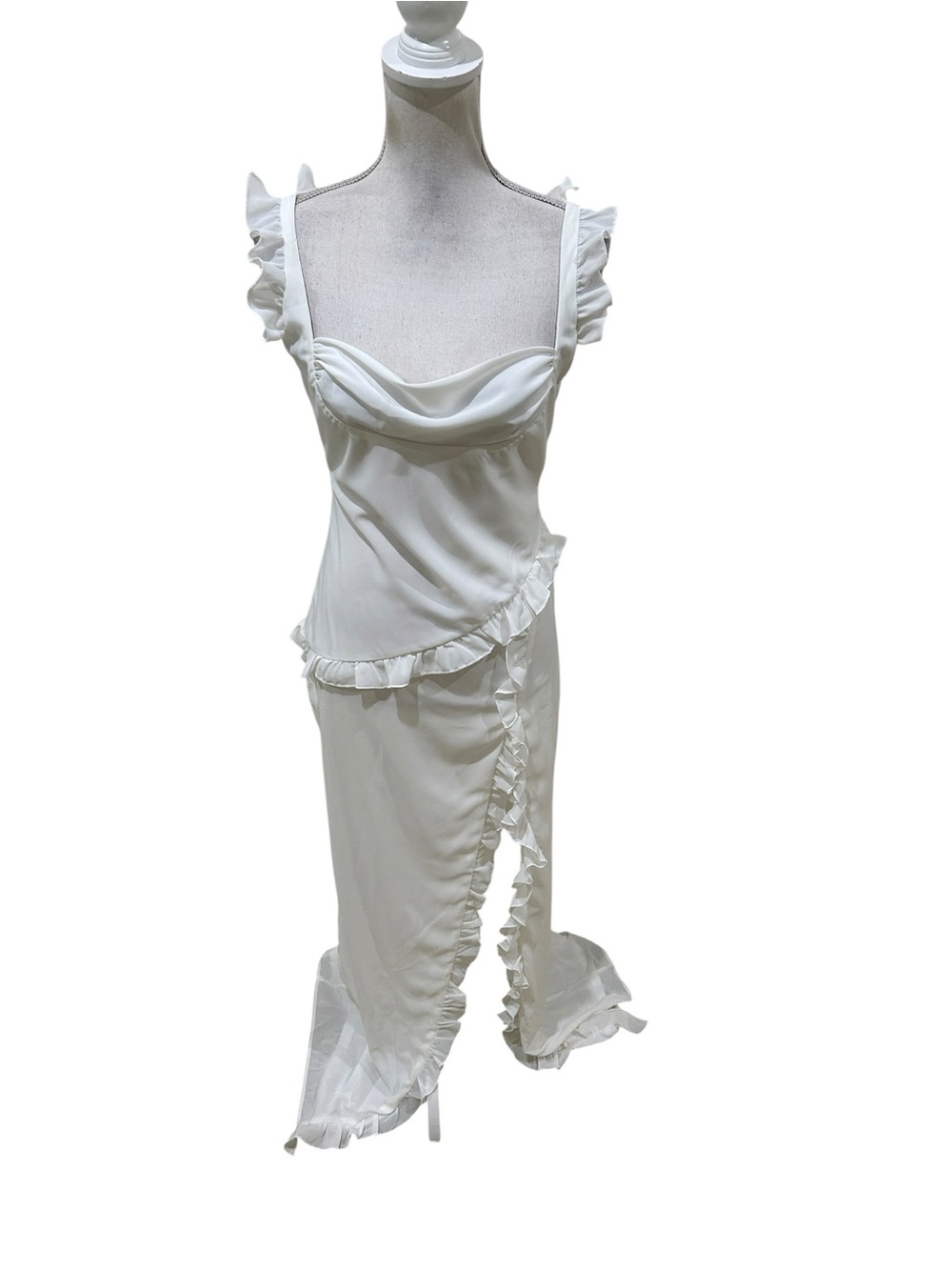 Lucy in the Sky White Ruffled Satin Chemise maxi gown high slit size medium
